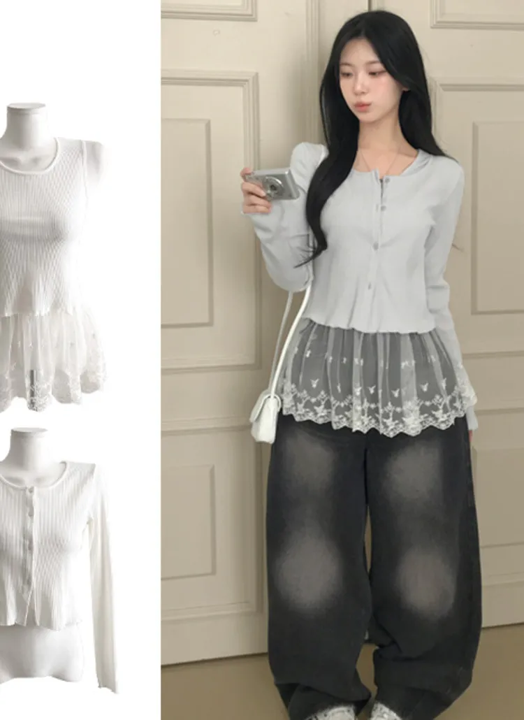 リブカーディガン&刺繍レースレイヤードタンクトップSET | creamsugar | 詳細画像1